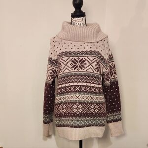 Elegant Nordic Pattern Turtleneck Sweater - Cream and Brown